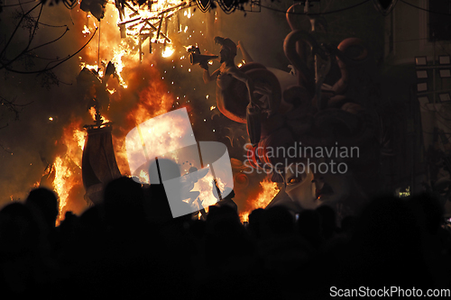 Image of Sculpture Fallas burning in fire