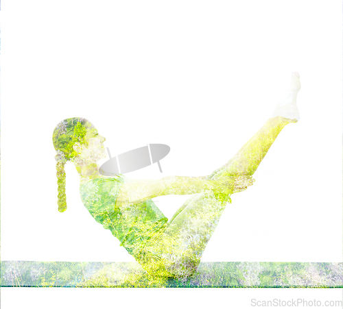 Image of Double exposure image of woman doing yoga asana