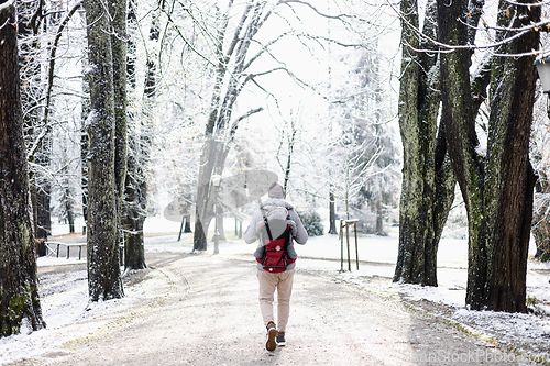 Image of Rear view of sporty father carrying his infant son wearing winter jumpsuit and cap in backpack carrier walking in city park in winter