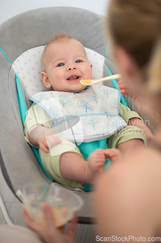 Image of Mother spoon feeding her baby boy infant child in baby chair with fruit puree. Baby solid food introduction concept.