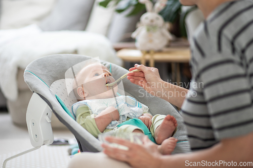 Image of Mother spoon feeding her baby boy infant child in baby chair with fruit puree. Baby solid food introduction concept.