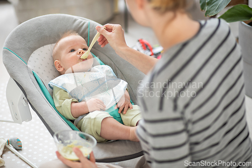 Image of Mother spoon feeding her baby boy infant child in baby chair with fruit puree. Baby solid food introduction concept.