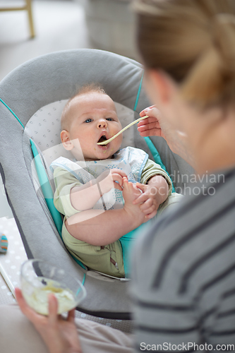 Image of Mother spoon feeding her baby boy infant child in baby chair with fruit puree. Baby solid food introduction concept.