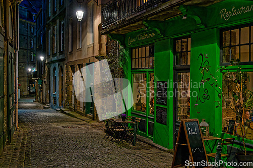 Image of Restaurant on the street with lanterns in an old medieval french walled city