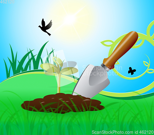 Image of Gardening Trowel Represents Growing Flowers 3d Illustration