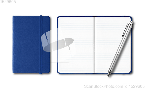 Image of Marine blue closed and open notebooks with a pen isolated on whi