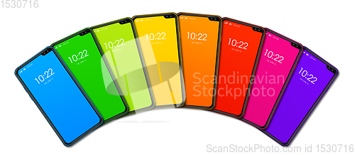 Image of Rainbow colorful smartphone set banner. Isolated on white. 3D re