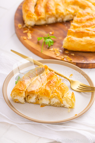 Image of Traditional feta cheese phyllo pastry pie, borek or burek