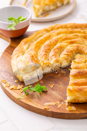 Image of Traditional feta cheese phyllo pastry pie, borek or burek