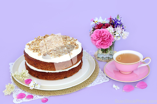 Image of Carrot and Walnut Cake with Cup of Tea
