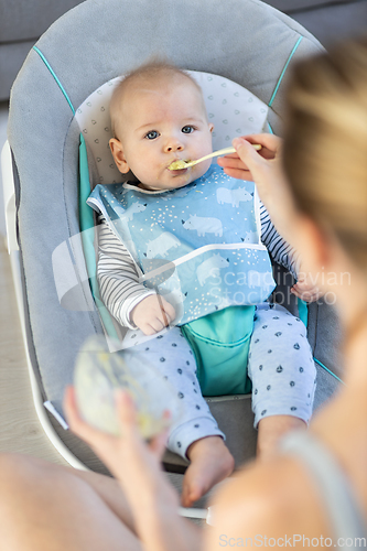 Image of Mother spoon feeding her baby boy infant child in baby chair with fruit puree. Baby solid food introduction concept.