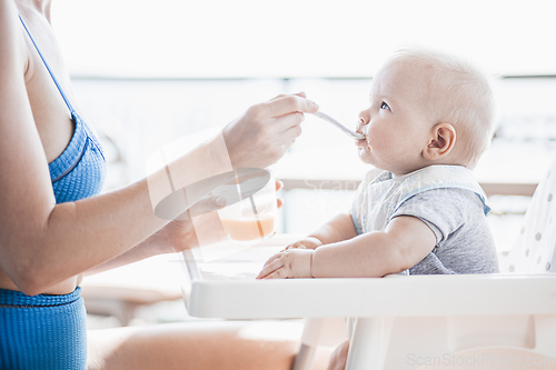 Image of Mother spoon feeding her baby boy child in baby chair with fruit puree on a porch on summer vacations. Baby solid food introduction concept.