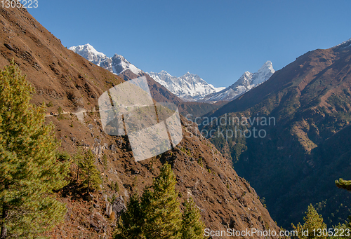 Image of Everest, Lhotse and Ama Dablam summits. 