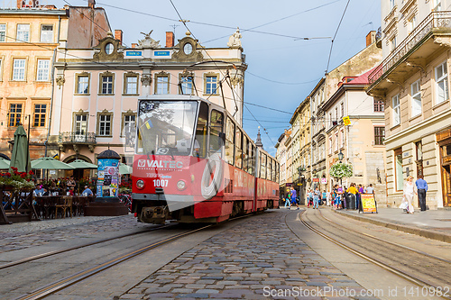 Image of Old  tram is in the historic center of Lviv.