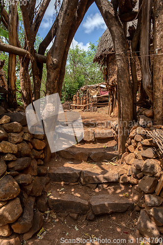 Image of stairs to house in fantastic alled village tribes Konso, Ethiopia