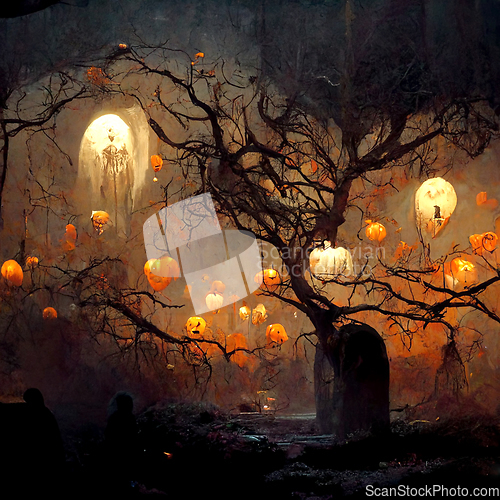 Image of Pumpkins In Graveyard In The Spooky Night - Halloween Backdrop.