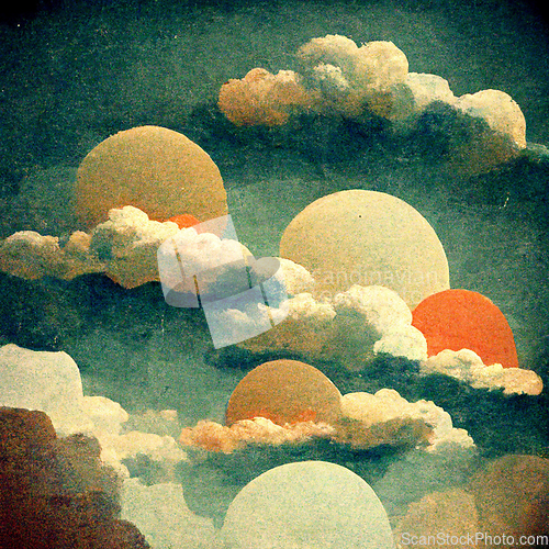 Image of Cloudscape, blue sky with clouds and suns, retro art style.