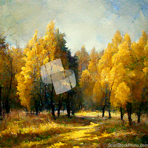 Image of Autumn forest landscape. Colorful watercolor painting of fall se