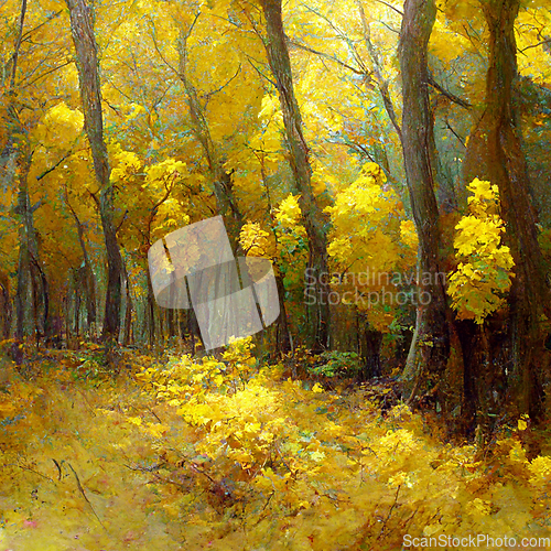 Image of Autumn forest landscape. Colorful watercolor painting of fall se
