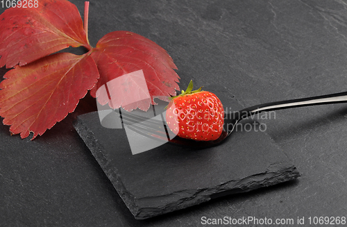 Image of Strawberry on fork and shale 