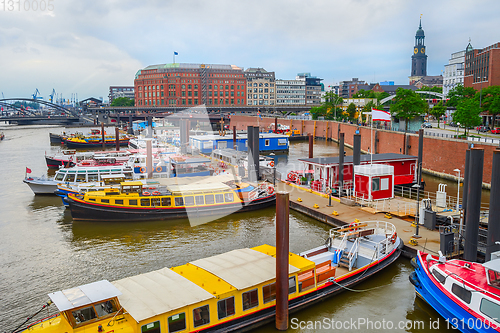 Image of Hamburg skyline, harbor with boats