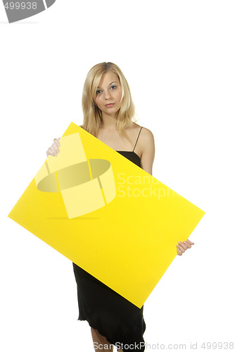 Image of blond woman yellow sign