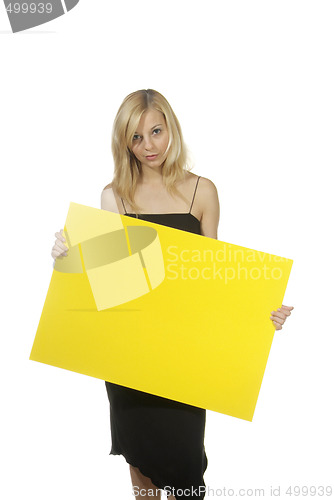 Image of blond woman yellow sign