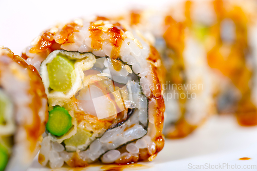 Image of fresh sushi choice combination assortment selection