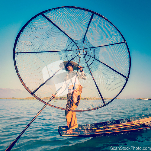 Image of Traditional Burmese fisherman at Inle lake Myanmar