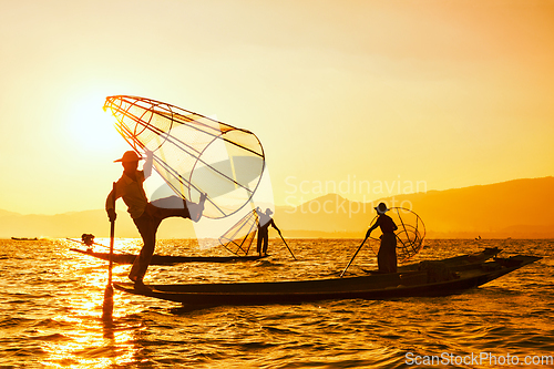 Image of Traditional Burmese fisherman at Inle lake Myanmar