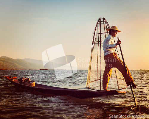 Image of Traditional Burmese fisherman at Inle lake Myanmar