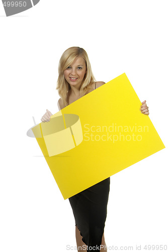 Image of blond woman yellow sign