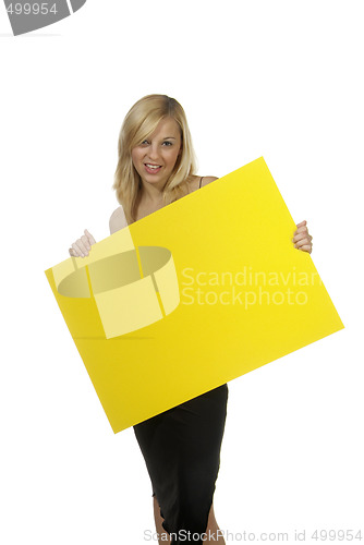 Image of blond woman yellow sign