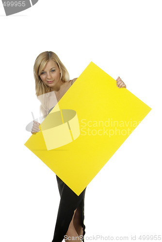 Image of blond woman yellow sign