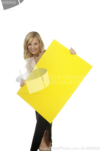 Image of blond woman yellow sign