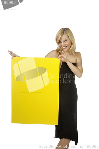 Image of blond woman yellow sign