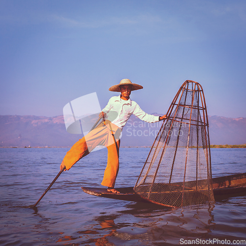 Image of Traditional Burmese fisherman at Inle lake Myanmar