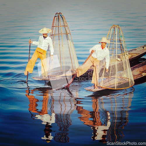 Image of Traditional Burmese fisherman at Inle lake Myanmar