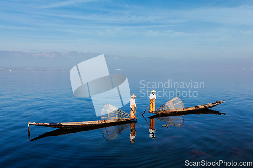 Image of Traditional Burmese fisherman at Inle lake, Myanmar