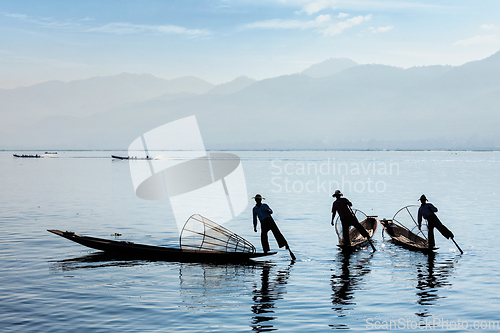 Image of Traditional Burmese fisherman at Inle lake, Myanmar