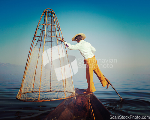 Image of Traditional Burmese fisherman at Inle lake Myanmar