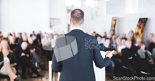 Image of Speaker at Business Conference with Public Presentations. Audience at the conference hall. Entrepreneurship club. Rear view. Horisontal composition. Background blur