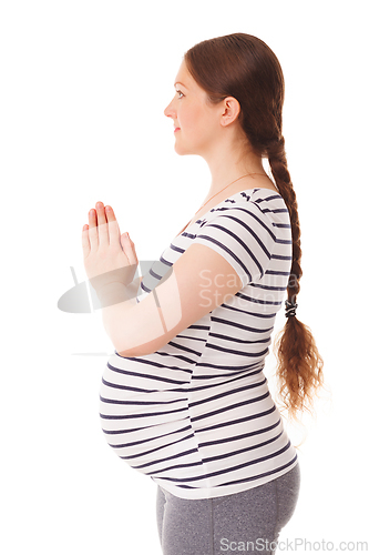 Image of Pregnant woman doing yoga asana asana Tadasana namaste -Mountain pose with salutation