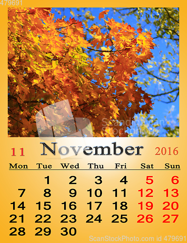 Image of calendar for November 2016 with yellow leaves