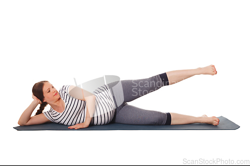 Image of Pregnant woman doing yoga asana Vishnuasana