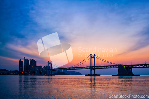 Image of Gwangan Bridge on sunrise. Busan, South Korea