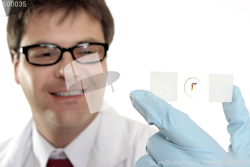 Image of Smiling lab worker with slide