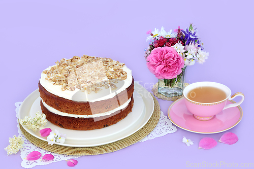 Image of Carrot and Walnut Cake with Cup of Tea