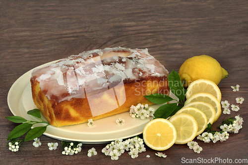 Image of Lemon Cake with Fruit and Hawthorn Blossom Flowers