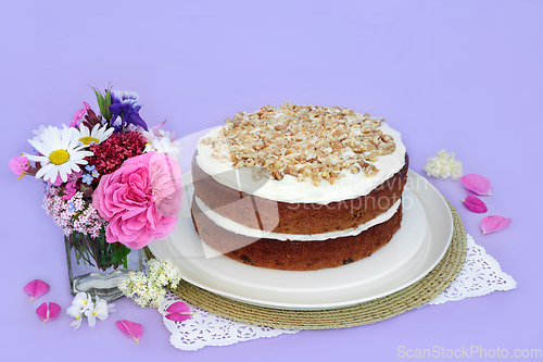 Image of Carrot and Walnut Cake with Summer Flowers